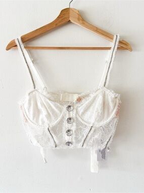 Victoria's Secret White Lace Bustier Crop Top with Jewel Buttons Size Medium
